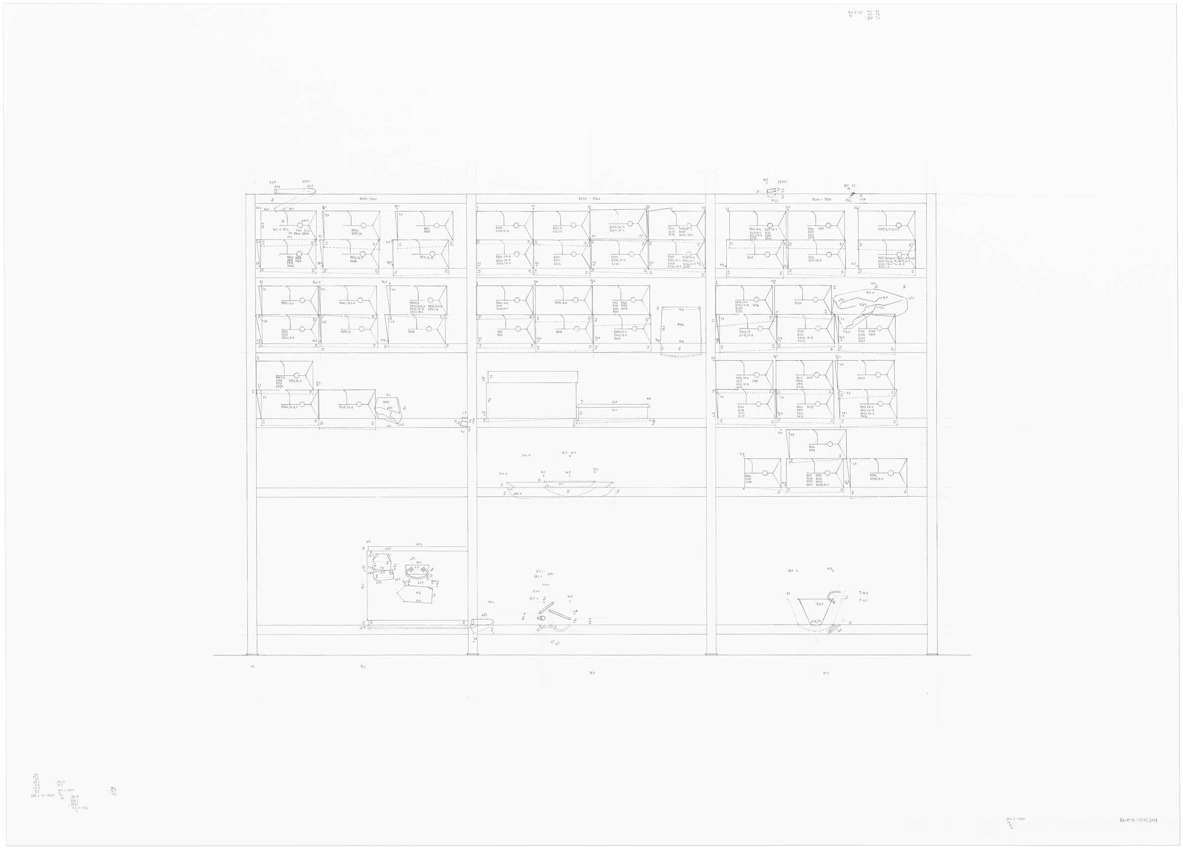Pencil drawing of the series »Depot« [Storage] by Herbert Stattler.