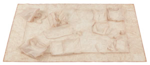 Tactile latex cast of a desk surface and objects by Herbert Stattler, capturing the physical traces, folds, and deformations of a workspace in a flexible, translucent material.