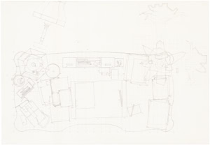 Detailed large-scale pencil drawing by Herbert Stattler showing a top-down cartographic mapping of a desk surface with outlines of office objects and personal items.