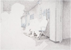 Artistic hand drawing by Herbert Stattler of a basement hallway in an oncology rehabilitation clinic. Patients are seated on four-person benches on both sides of the corridor, waiting for therapy in front of open glass fire doors. Stattler captured the basic contours of the room and the furniture on-site using a blue colored pencil. In his studio, he added surface textures, light and shadow, and the figures from memory using a pencil. The depiction of the figures deliberately stands out from the rest of the room: their bodies are drawn only as outlines and remain largely unfilled, allowing the white of the paper to show through. Inside the figures, only the blue lines originally sketched on site remain visible.