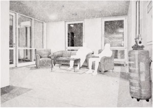 An artistic hand drawing by Herbert Stattler, created with pencil and colored pencil, depicts a view of a seating area at the end of a hallway in a post-operative cancer rehabilitation facility. Two patients are facing each other and appear to be conversing: a man in his 70s, wearing a T-shirt, sweatpants, and slippers, is sitting on the sofa; across from him, a man in his 60s, wearing a tracksuit and sneakers, is sitting in one of the armchairs. Stattler captured the basic contours of the room and the furniture on-site using a blue colored pencil. In his studio, he added surface textures, light and shadow, and the two figures from memory using a pencil. The depiction of the figures deliberately stands out from the rest of the room: their bodies are drawn only as outlines and remain largely unfilled, allowing the white of the paper to show through. Inside the figures, only the blue lines originally sketched on site remain visible.