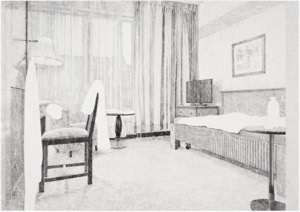 An artistic hand drawing by Herbert Stattler depicting the interior of a patient room in a post-operative cancer rehabilitation facility. The room is furnished with a bed, wardrobe, small desk with a chair, an armchair with a side table, and a chest of drawers holding a television set. Through the curtained window, a fire wall is visible at a short distance outside.