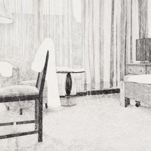 An artistic hand drawing by Herbert Stattler depicting the interior of a patient room in a post-operative cancer rehabilitation facility. The room is furnished with a bed, wardrobe, small desk with a chair, an armchair with a side table, and a chest of drawers holding a television set. Through the curtained window, a fire wall is visible at a short distance outside.