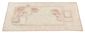 Tactile latex cast of a desk surface and objects by Herbert Stattler, capturing the physical traces, folds, and deformations of a workspace in a flexible, translucent material.
