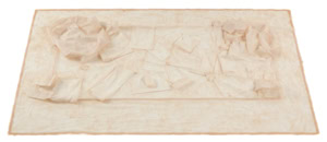 Tactile latex cast of a desk surface and objects by Herbert Stattler, capturing the physical traces, folds, and deformations of a workspace in a flexible, translucent material.